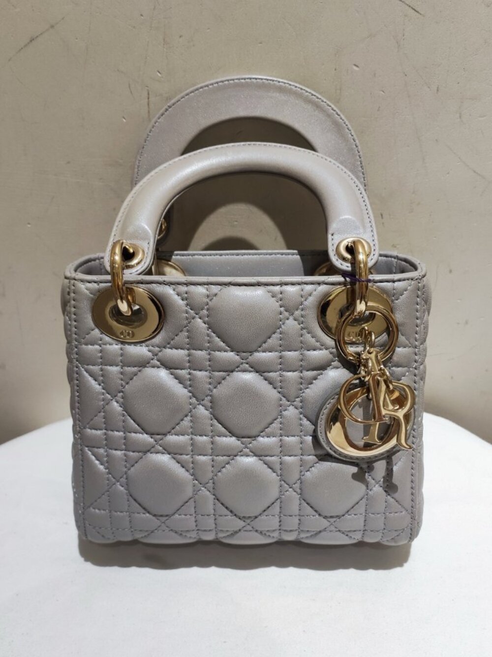 Dior Mini Lady Dior Grey Cannage Quilted Lambskin Top‑Handle Handbag